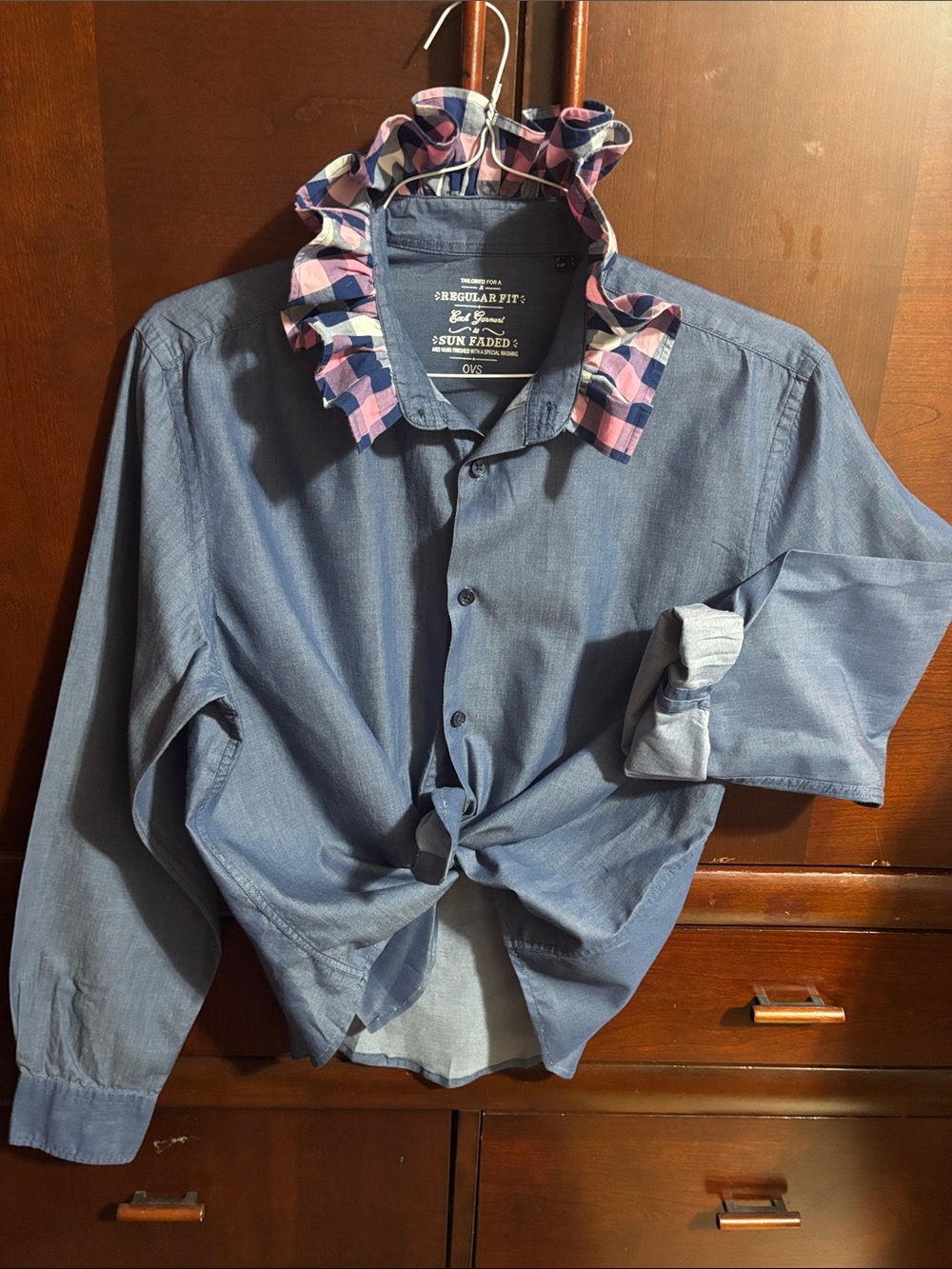 Upcycled/Reloved Women’s Chambray Shirt with Pink Plaid Ruffle Collar
